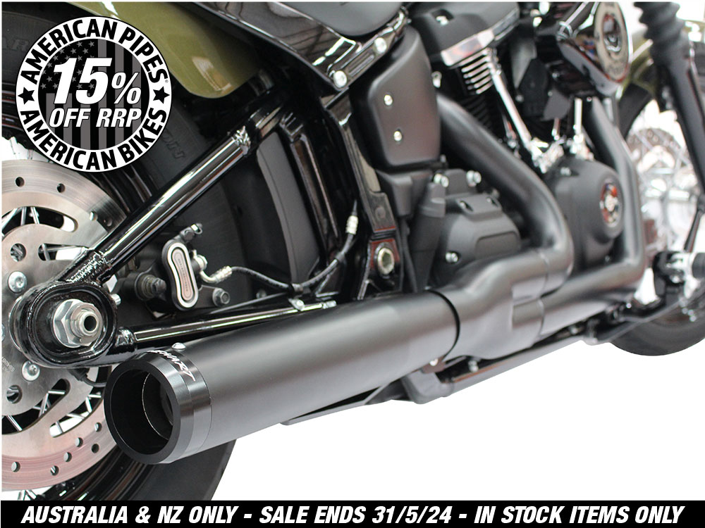 2-into-1 Exhaust - Black with Black End Cap. Fits Deluxe, Softail Slim, Street Bob, Low Rider, Fat Bob 2018up & Standard 2020up.