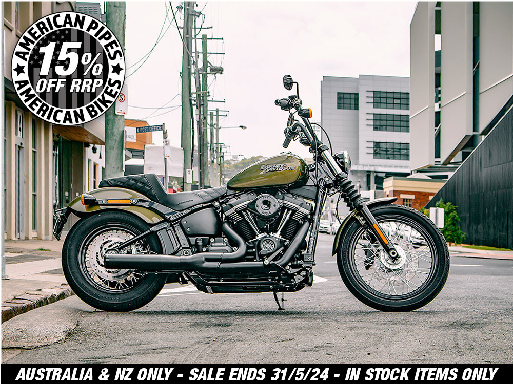 2-into-1 Exhaust - Black with Black End Cap. Fits Deluxe, Softail Slim, Street Bob, Low Rider, Fat Bob 2018up & Standard 2020up.