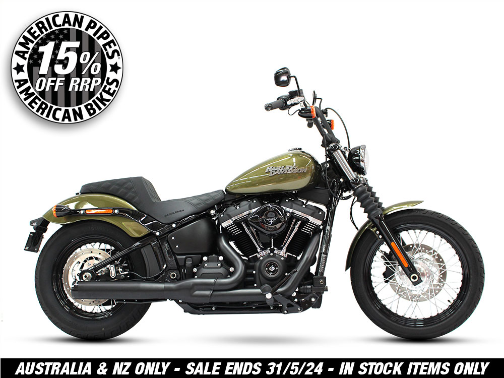 2-into-1 Exhaust - Black with Black End Cap. Fits Deluxe, Softail Slim, Street Bob, Low Rider, Fat Bob 2018up & Standard 2020up. 