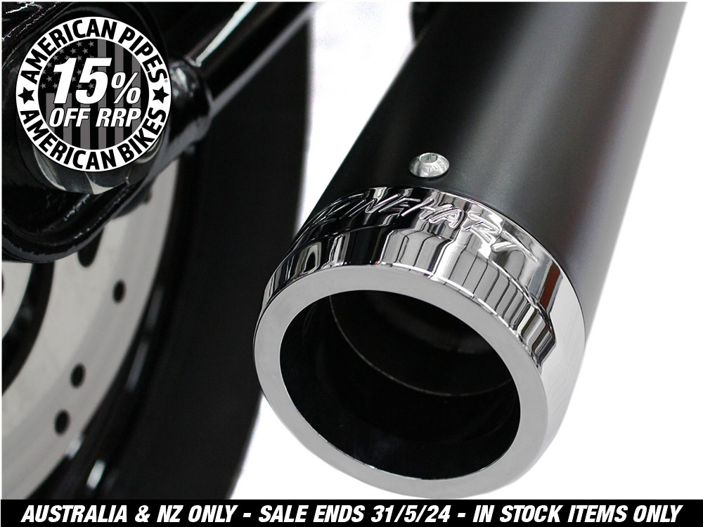 2-into-1 Exhaust - Black with Chrome End Cap. Fits Deluxe, Softail Slim, Street Bob, Low Rider, Fat Bob 2018up & Standard 2020up.