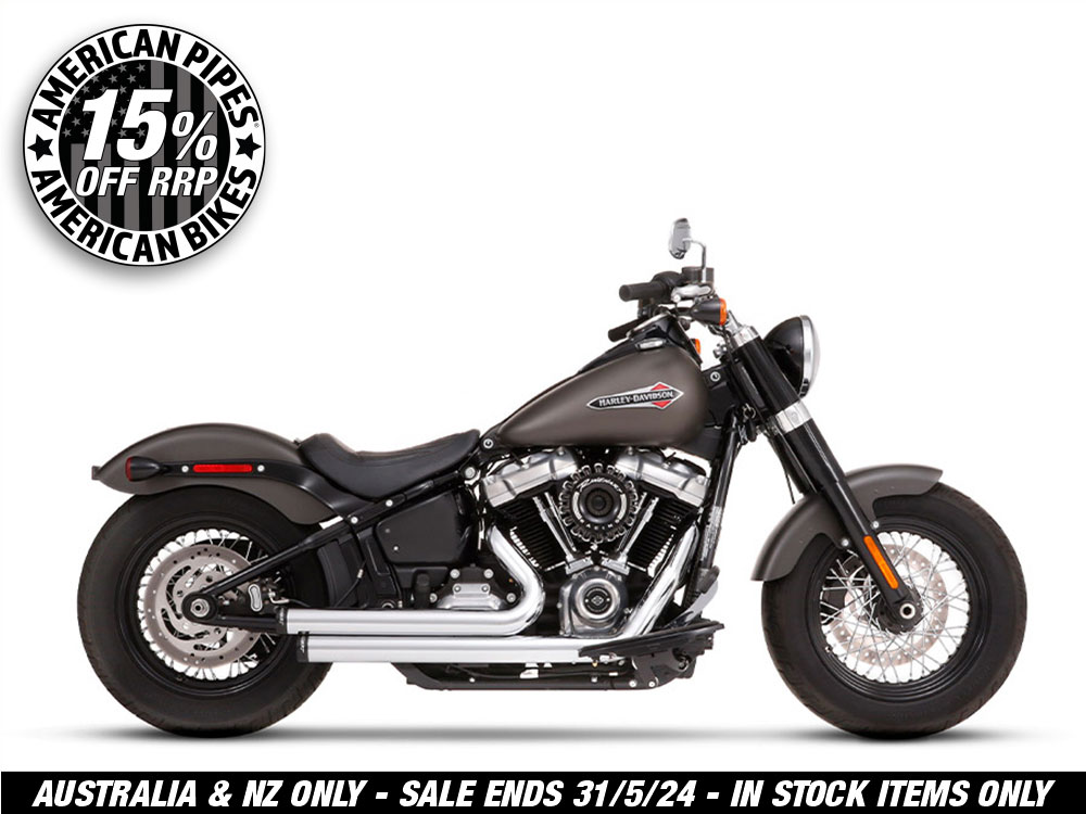 2-into-2 Staggered Exhaust – Chrome with Black End Caps. Fits Softail 2018up.
