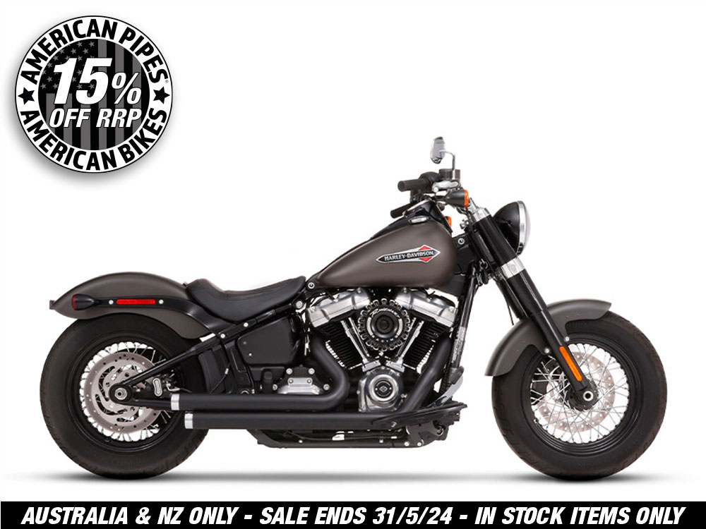 2-into-2 Staggered Exhaust – Black with Chrome End Caps. Fits Softail 2018up.