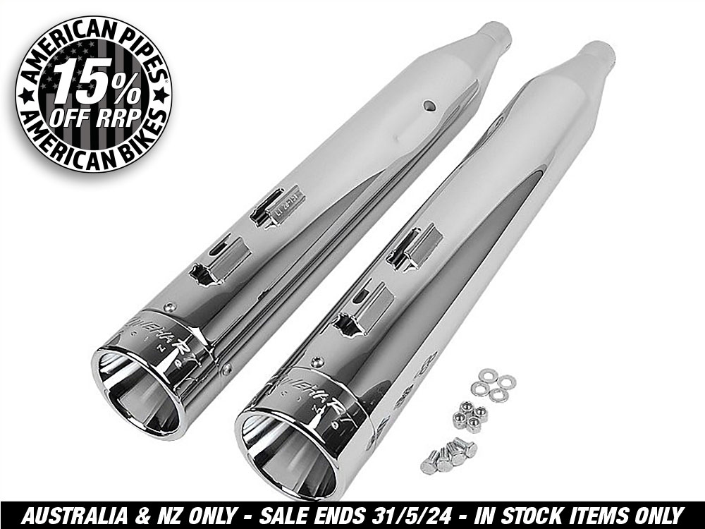 4in. Slip-On Mufflers - Chrome with Chrome End Caps. Fits Touring 1995-2016 & Trike 2017-2020.