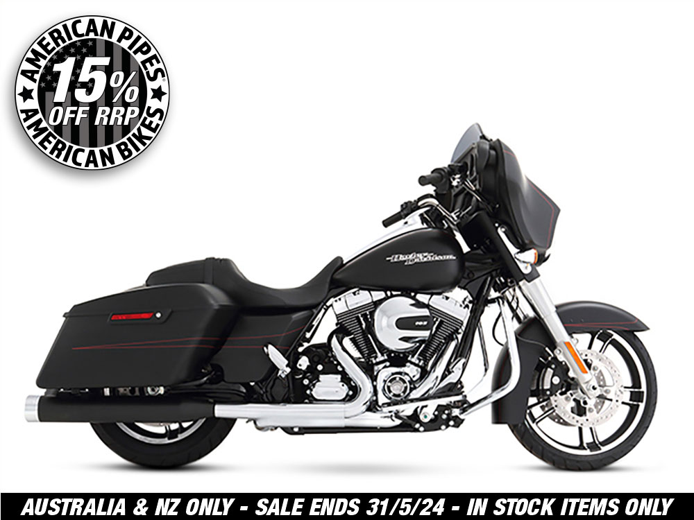 4in. Slip-On Mufflers - Black with Chrome End Caps. Fits Touring 1995-2016 & Trike 2017-2020. 