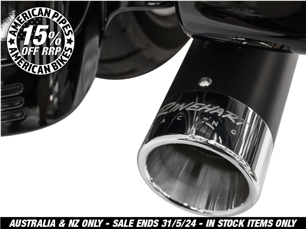 4in. Slip-On Mufflers - Black with Chrome End Caps. Fits Touring 2017up.