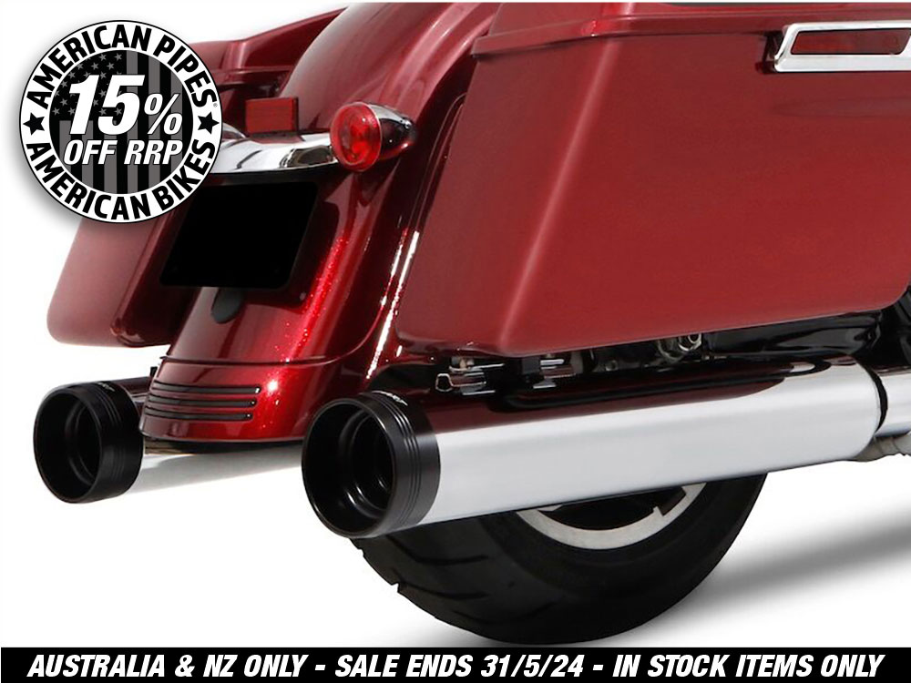 4-1/2in. DBX45 Slip-On Mufflers  – Chrome with Black End Caps. Fits Touring 2017up.