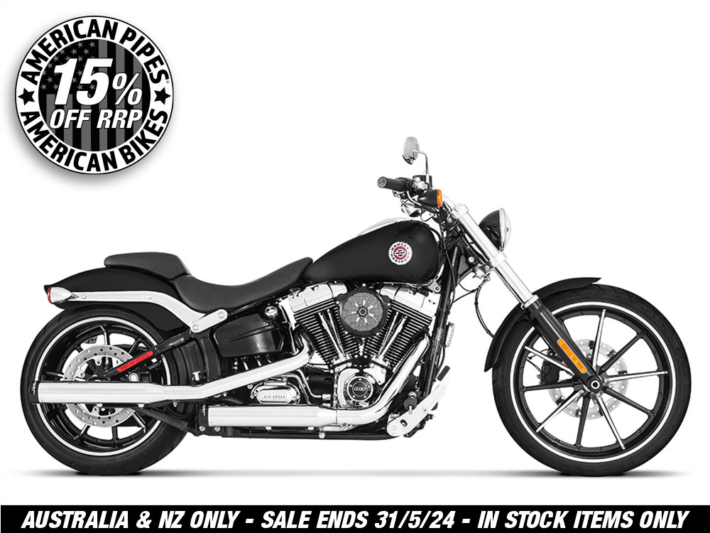 3in. Slip-On Mufflers - Chrome with Black End Caps. Fits Softail Breakout 2013-2017, Heritage Softail Classic 2007-2017, FXST 2007-2017 & Rocker 2008-2011.