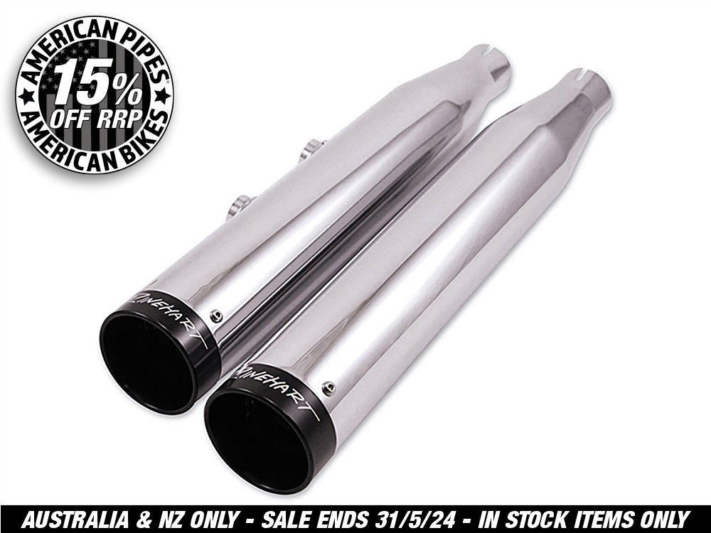 3in. Slip-On Mufflers - Chrome with Black End Caps. Fits Softail Deluxe 2007-2017, Blackline 2012-2013, Softail Slim 2013-2017, Cross Bones 2008-2011 & Fat Boy S 2016-2017.