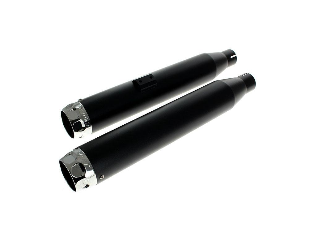 RINEHART EXHAUST 3in. Slip-On Mufflers - Black with Chrome Scalloped End Caps. Fits Softail Deuce 2007 & Fat Boy 2007-2017