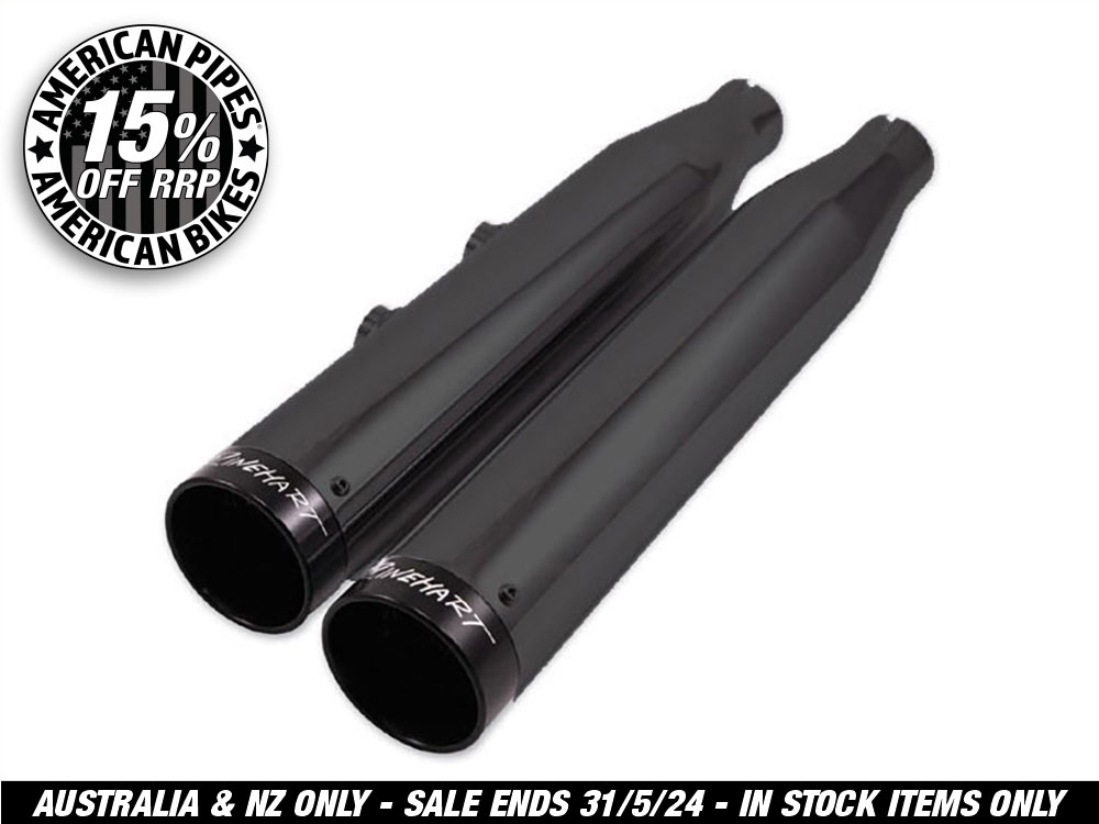 4in. Slip-On Mufflers – Black with Black End Caps. Fits Indian Big Twin 2014up with Leather Bags or No Saddle Bags.
