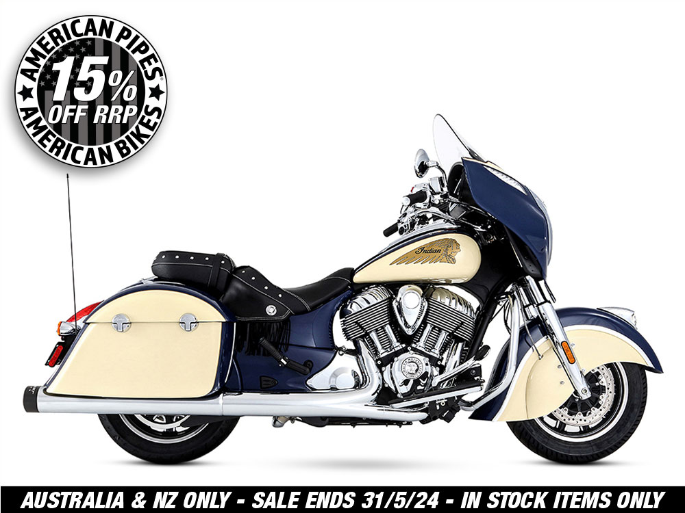4in. Slip-On Mufflers - Chrome with Black End Caps. Fits Indian Big Twin 2014up with Hard Saddle Bags.
