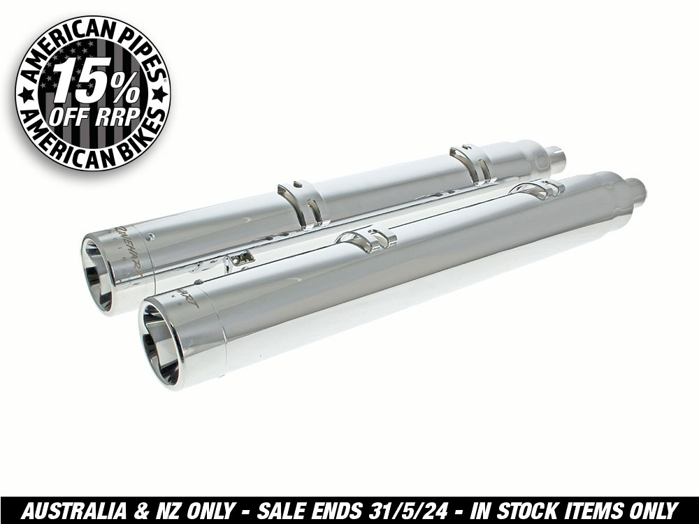 4in. Slip-On Mufflers - Chrome with Chrome End Caps. Fits Indian Big Twin 2014up with Hard Saddle Bags.