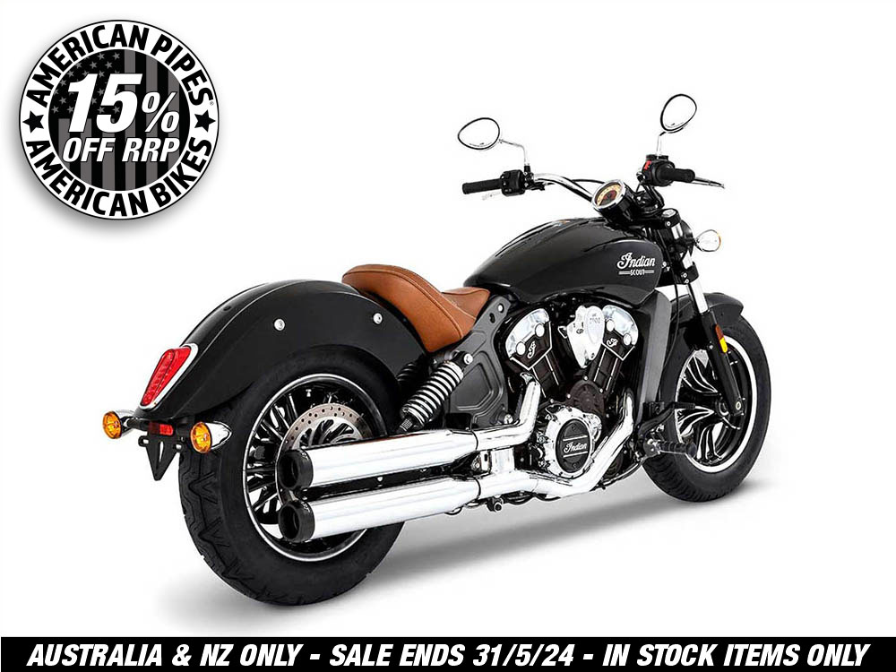 3-1/2in. Slip-On Mufflers – Chrome with Black End Caps. Fits Indian Scout 2015up.