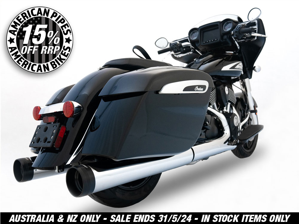 4.5in. Slip-On Mufflers - Chrome with Black End Caps. Fits Indian Big Twin 2014up with Hard Saddle Bags.