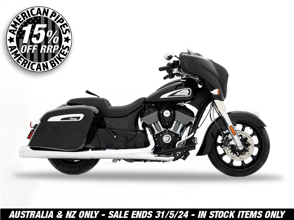 4.5in. Slip-On Mufflers - Chrome with Chrome End Caps. Fits Indian Big Twin 2014up with Hard Saddle Bags.