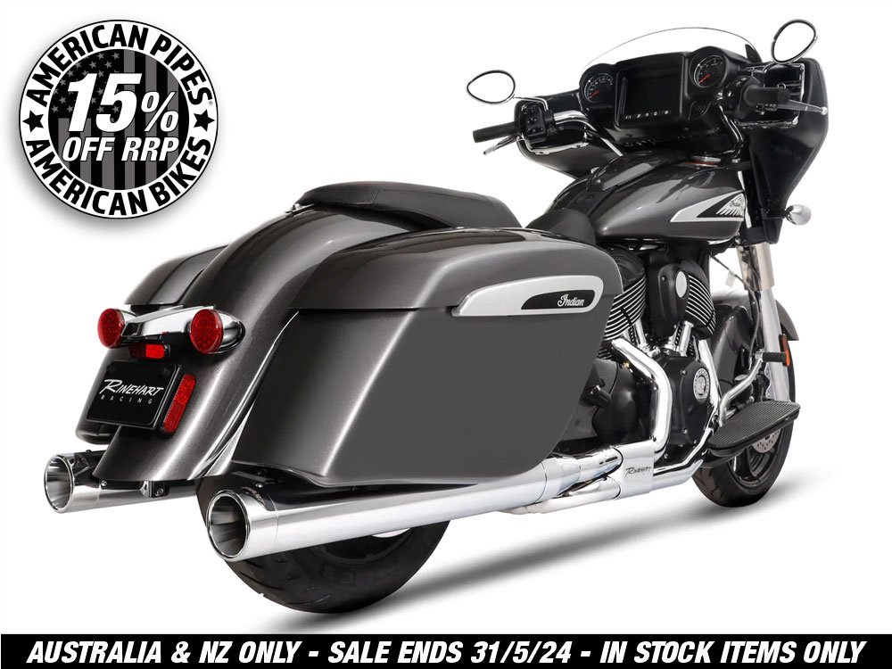 4in. DBX40 Slip-On Mufflers – Chrome with Chrome End Caps. Fits Indian Big Twin 2014up with Hard Saddle Bags.
