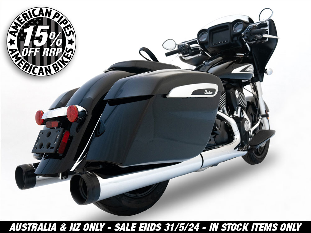 4.5in. DBX45 Slip-On Mufflers - Chrome with Black End Caps. Fits Indian Big Twin 2014up with Hard Saddle Bags.
