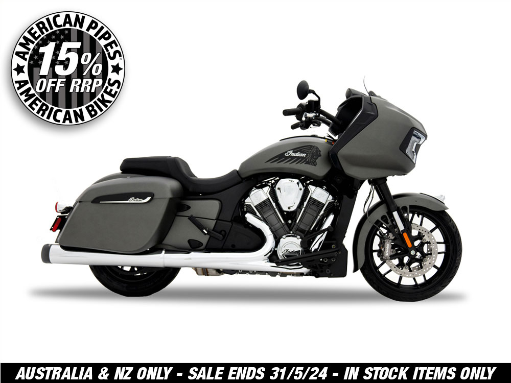 4.5in. DBX45 Slip-On Mufflers – Chrome with Black End Caps. Fits Indian Big Twin 2014up with Hard Saddle Bags.