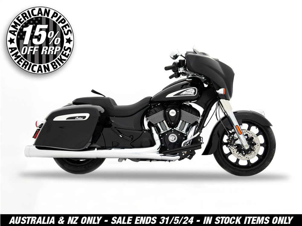 4.5in. DBX45 Slip-On Mufflers – Chrome with Chrome End Caps. Fits Indian Big Twin 2014up with Hard Saddle Bags.