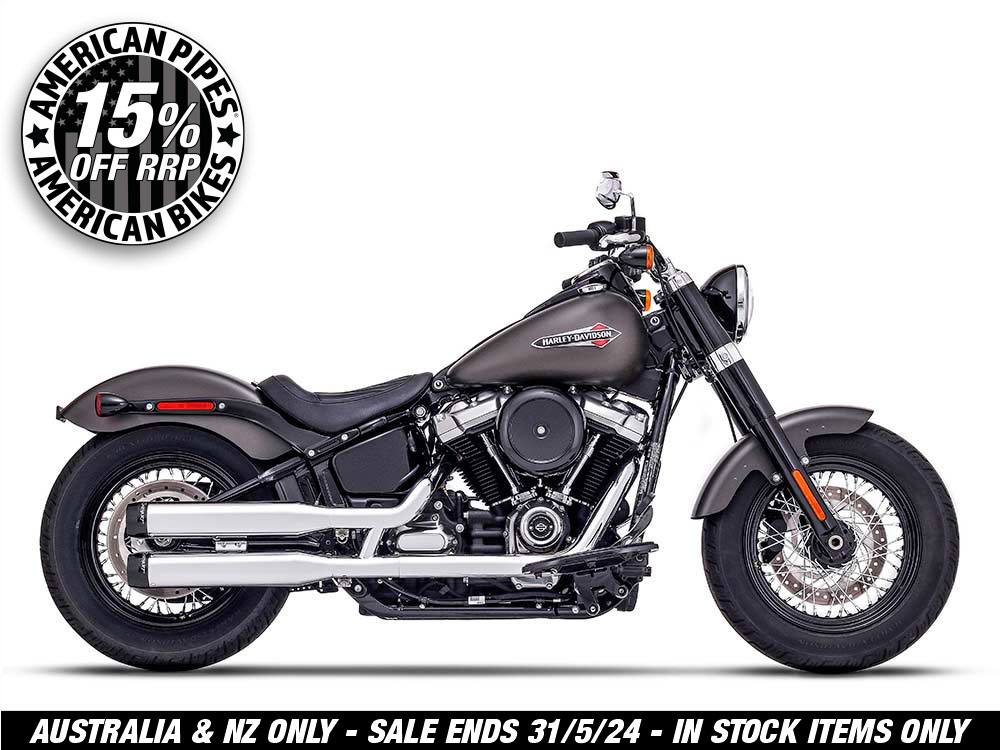 3-1/2in. Slip-On Mufflers - Chrome with Contrast Cut Black End Caps. Fits Softail Slim, Street Bob, Low Rider, Breakout & Fat Boy 2018up & Standard 2020up.