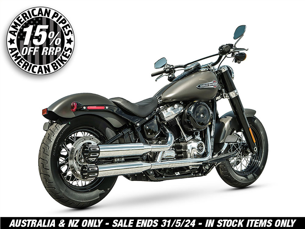 3-1/2in. Slip-On Mufflers - Chrome with Black Contrast Cut Slotted End Caps. Fits Softail Slim, Street Bob, Low Rider, Breakout & Fat Boy 2018up & Standard 2020up.