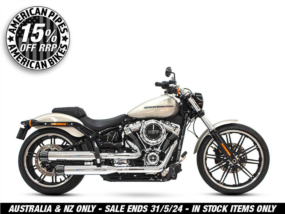 3-1/2in. Slip-On Mufflers – Chrome with Black Contrast Cut Slotted End Caps. Fits Softail Slim, Street Bob, Low Rider, Breakout & Fat Boy 2018up & Standard 2020up.
