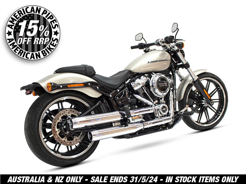 3-1/2in. Slip-On Mufflers - Chrome with Chrome End Caps. Fits Softail Slim, Street Bob, Low Rider, Breakout & Fat Boy 2018up & Standard 2020up.