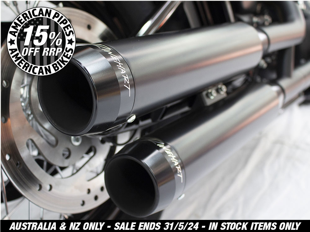 3-1/2in. Slip-On Mufflers - Black with Black Contrast Cut End Caps. Fits Softail Slim, Street Bob, Low Rider, Breakout & Fat Boy 2018up & Standard 2020up.
