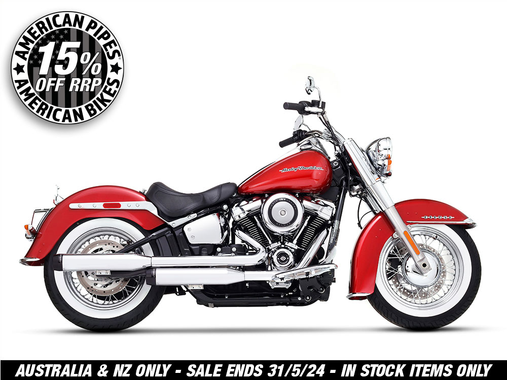 3-1/2in. Slip-On Mufflers – Chrome with Black End Caps. Fits Deluxe & Heritage Classic 2018up.