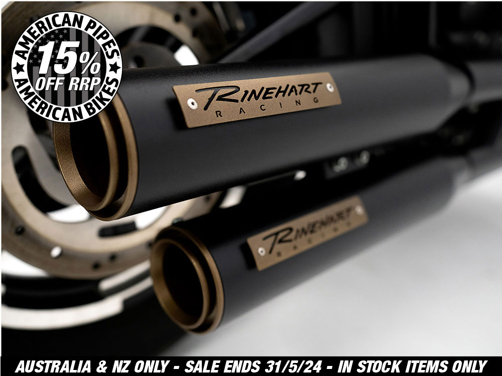 3-1/2in. Slip-On Mufflers - Black with Bronze End Caps. Fits Softail Slim, Street Bob, Low Rider, Breakout & Fat Boy 2018up & Standard 2020up.