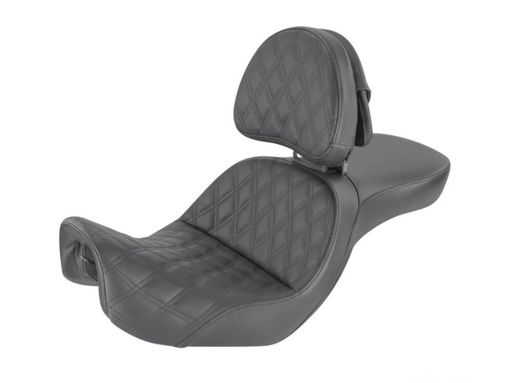 Explorer LS Dual Seat With Backrest & with Black Double Diamond Lattice Stitch. Fits Dyna 2006-2017