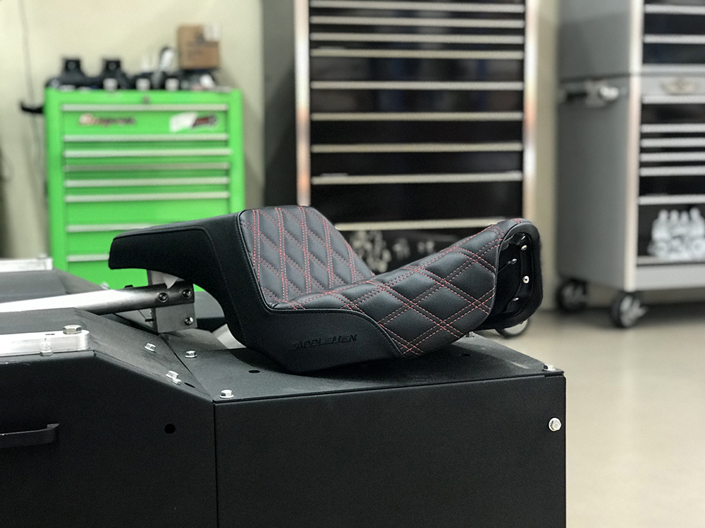 Step-Up LS Dual Seat with Red Double Diamond Lattice Stitch. Fits Dyna 2006-2017.
