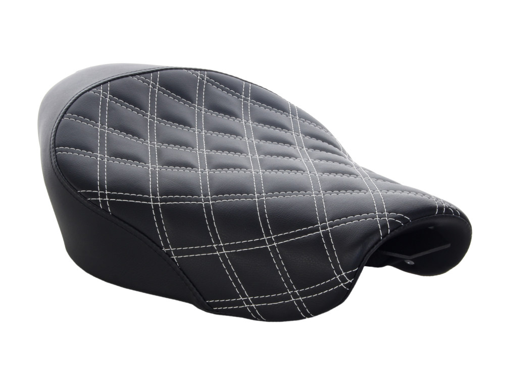 Renegade LS Solo Seat with White Double Diamond Lattice Stitch. Fits Sportster 2004-2021 with 4.5 Gallon Fuel Tank.