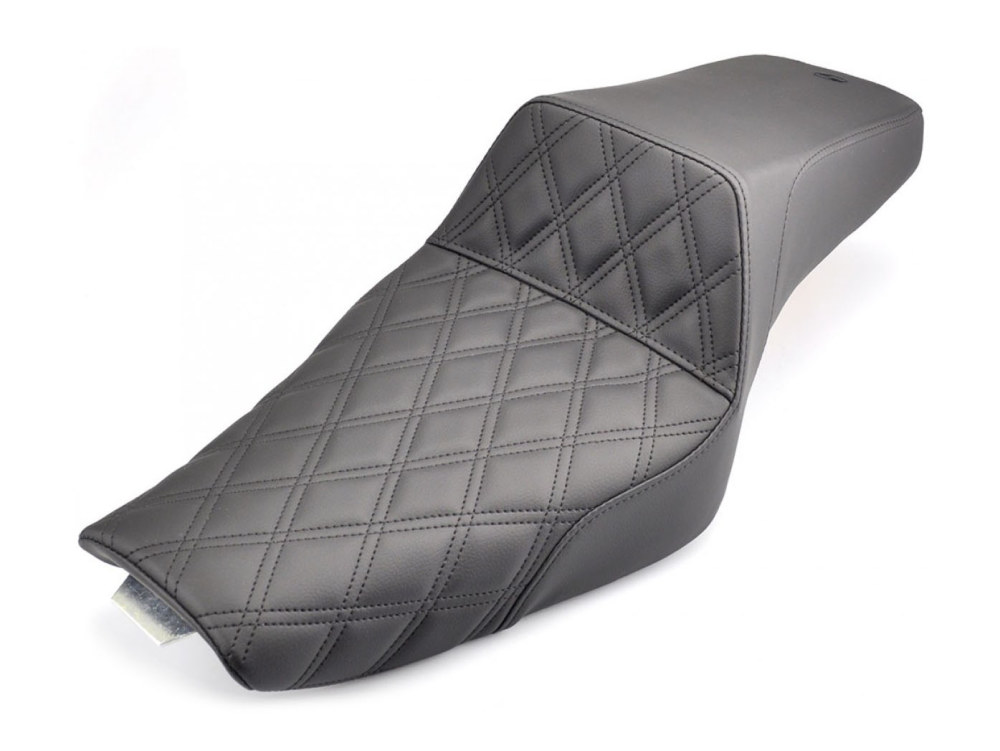 Step-Up LS Dual Seat with Black Double Diamond Lattice Stitch. Fits Sportster 2004-2021 with 4.5 Gallon Fuel Tank.