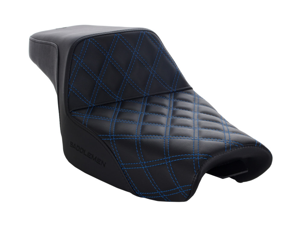 Step-Up LS Dual Seat with Blue Double Diamond Lattice Stitch. Fits Sportster 2004-2021 with 4.5 Gallon Fuel Tank.