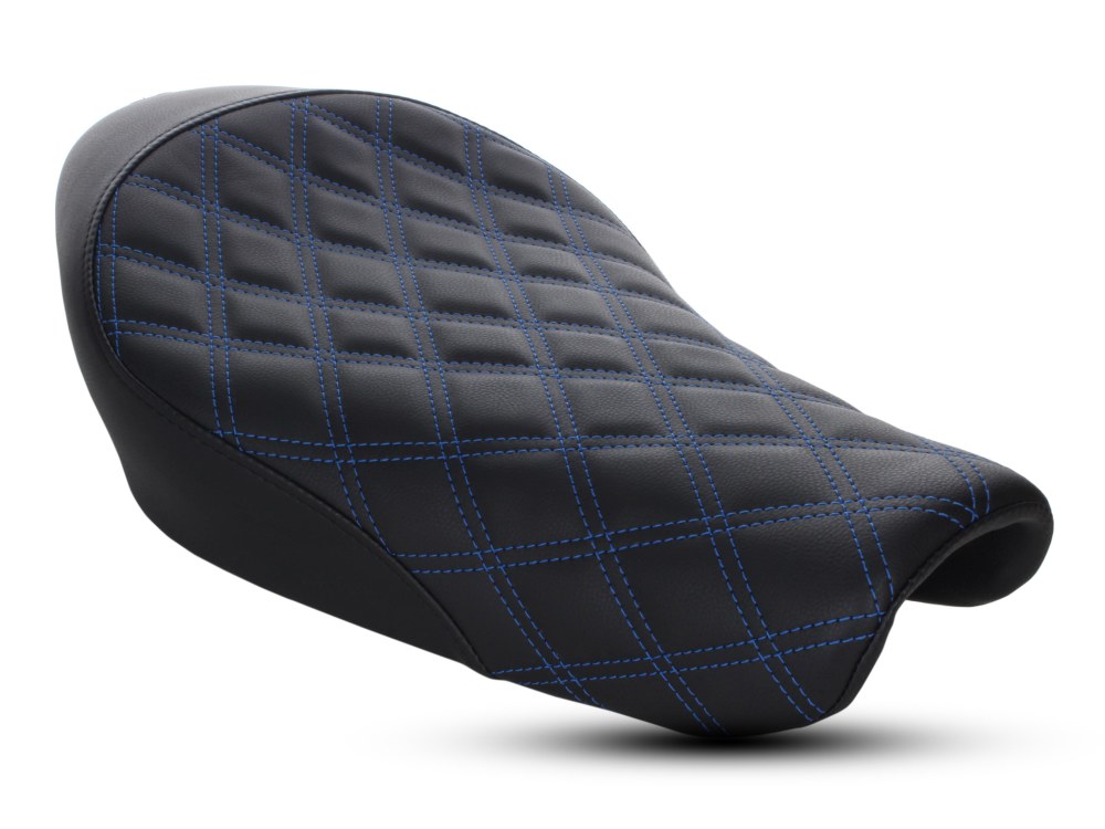 Renegade LS Solo Seat with Blue Double Diamond Lattice Stitch. Fits Sportster 2004-2021 with 3.3 Gallon Fuel Tank.
