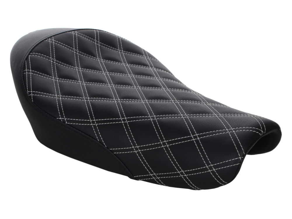 Renegade LS Solo Seat with White Double Diamond Lattice Stitch. Fits Sportster 2004-2021 with 3.3 Gallon Fuel Tank.