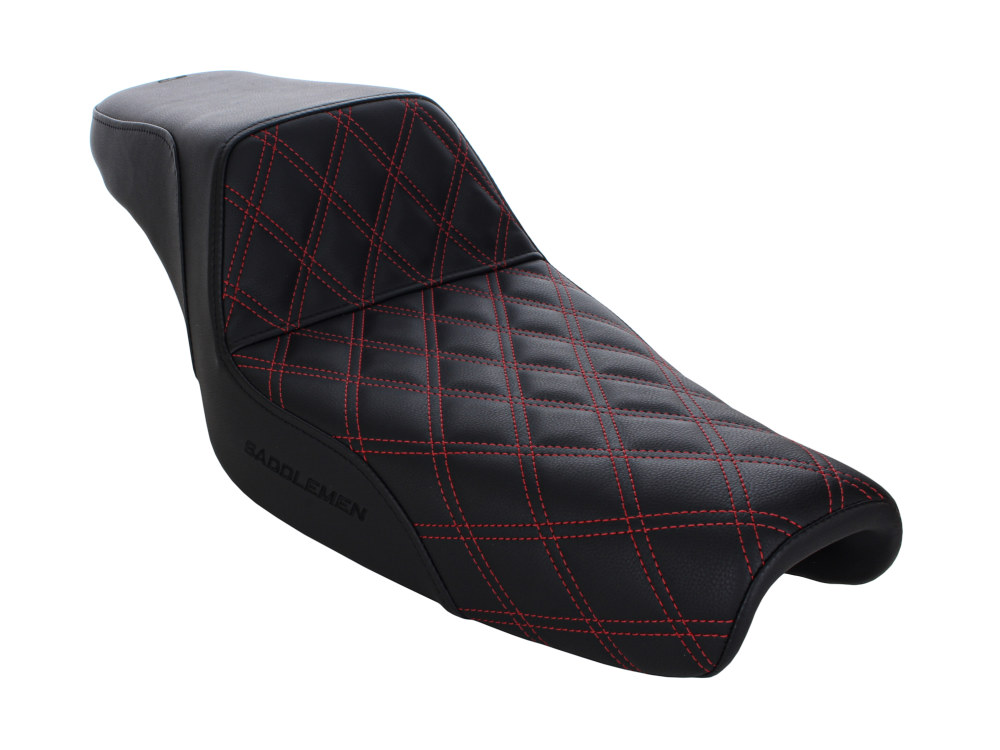 Step-Up LS Dual Seat with Red Double Diamond Lattice Stitch. Fits Sportster 2004-2021 with 3.3 Gallon Fuel Tank.