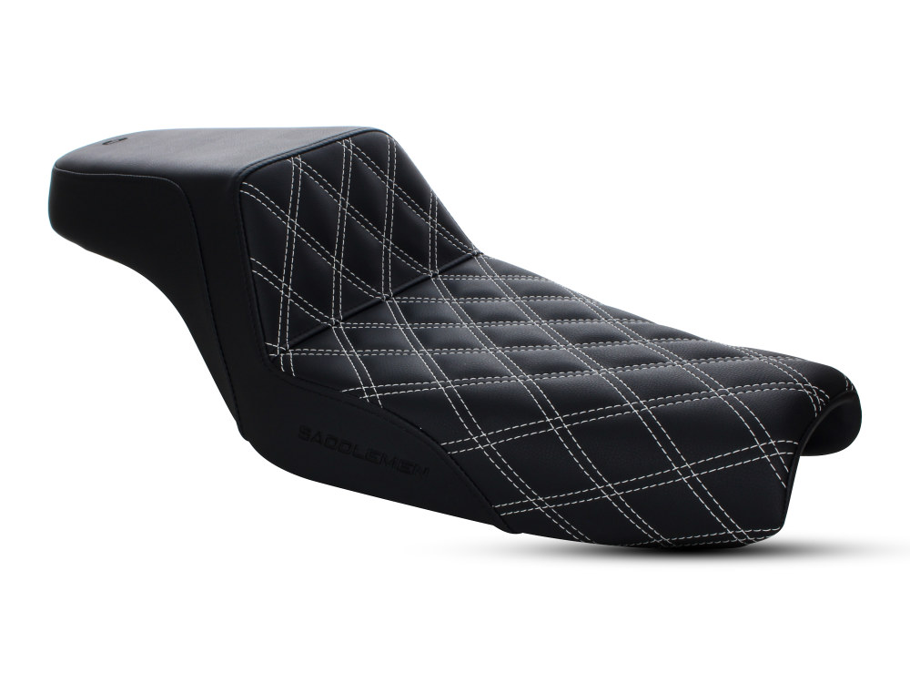 Step-Up LS Dual Seat with White Double Diamond Lattice Stitch. Fits Sportster 2004-2021 with 3.3 Gallon Fuel Tank.