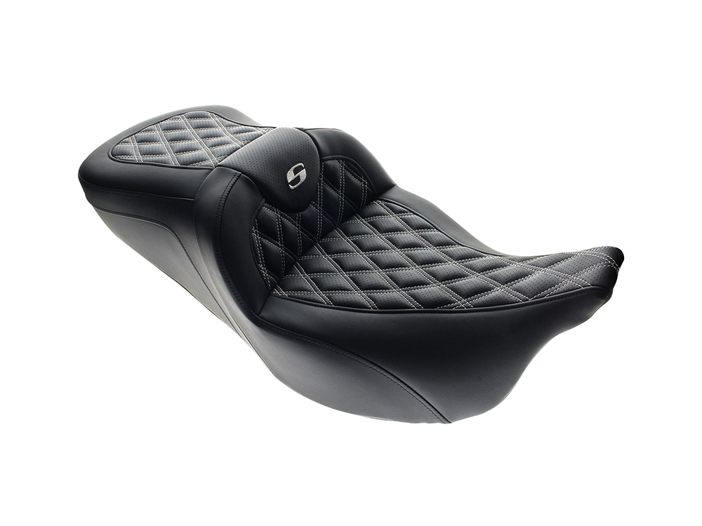 Roadsofa LS Dual Seat with White Double Diamond Lattice Stitch. Fits Most Touring 2008-2024