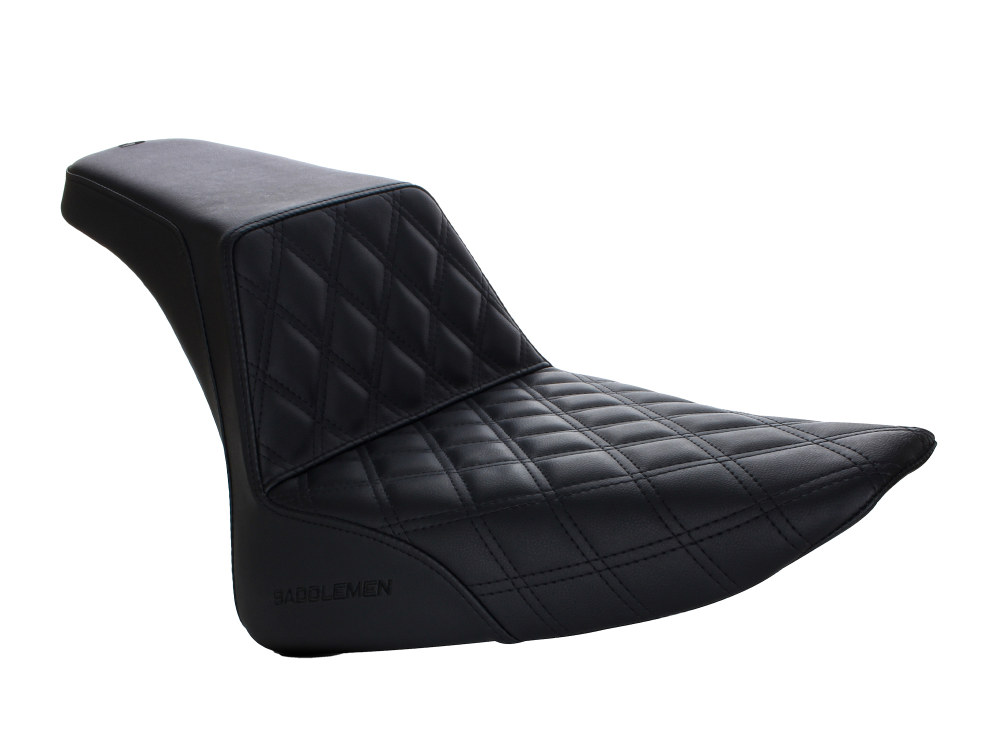 Step-Up LS Dual Seat with Black Double Diamond Lattice Stitch. Fits Softail Slim 2012-2017 & Blackline 2011-2013.