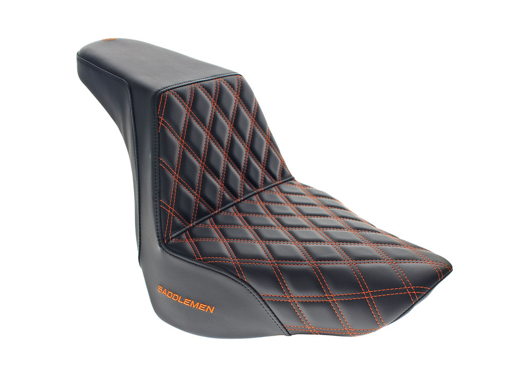 Step-Up Front LS Dual Seat with Orange Double Diamond Lattice Stitch. Fits Fat Boy 2018up & Breakout 2023up