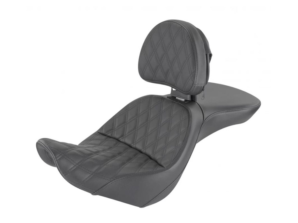 Explorer LS Dual Seat With Backrest & with Black Double Diamond Lattice Stitch. Fits Sport Glide & Low Rider 2018up, Low Rider S 2020up & Low Rider ST 2022up.