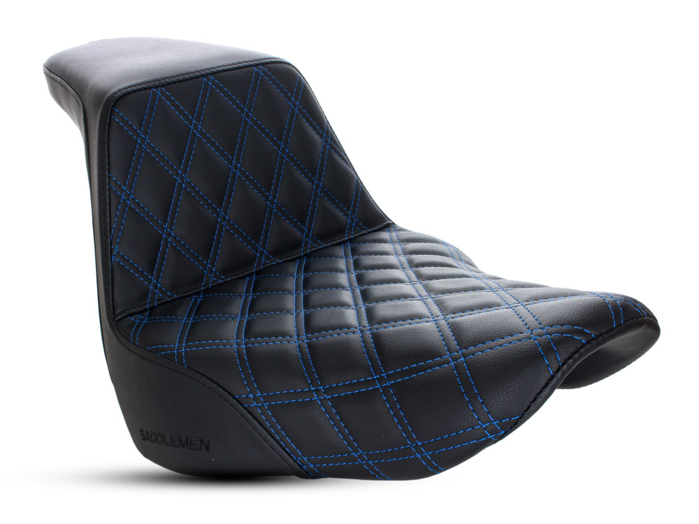 Step-Up LS Dual Seat with Blue Double Diamond Lattice Stitch. Fits Sport Glide & Low Rider 2018up, Low Rider S 2020up & Low Rider ST 2022up.