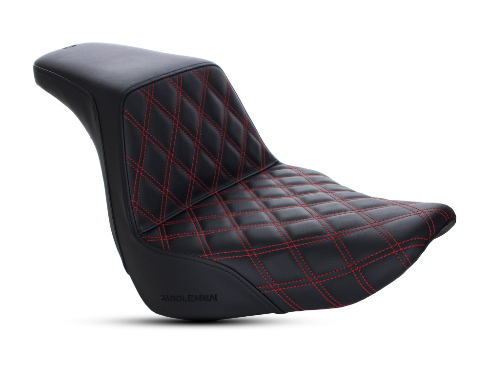 Step-Up LS Dual Seat with Red Double Diamond Lattice Stitch. Fits Sport Glide & Low Rider 2018up, Low Rider S 2020up & Low Rider ST 2022up.