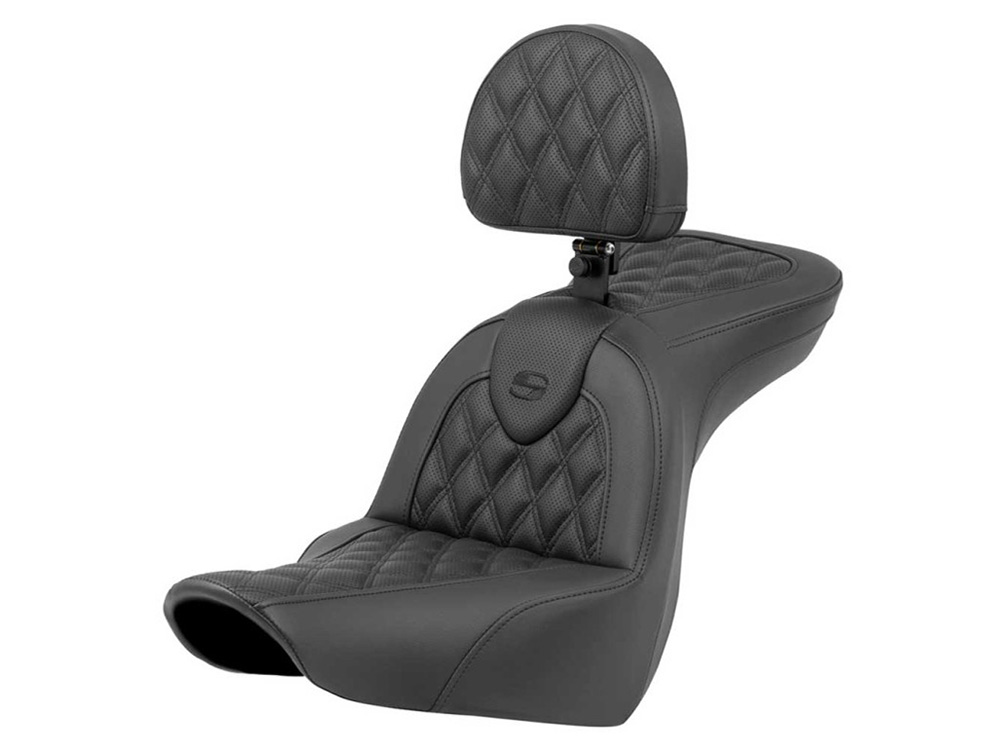 Roadsofa LS Dual Seat With Backrest & with Black Double Diamond Lattice Stitch. Fits Sport Glide & Low Rider 2018up, Low Rider S 2020up & Low Rider ST 2022up