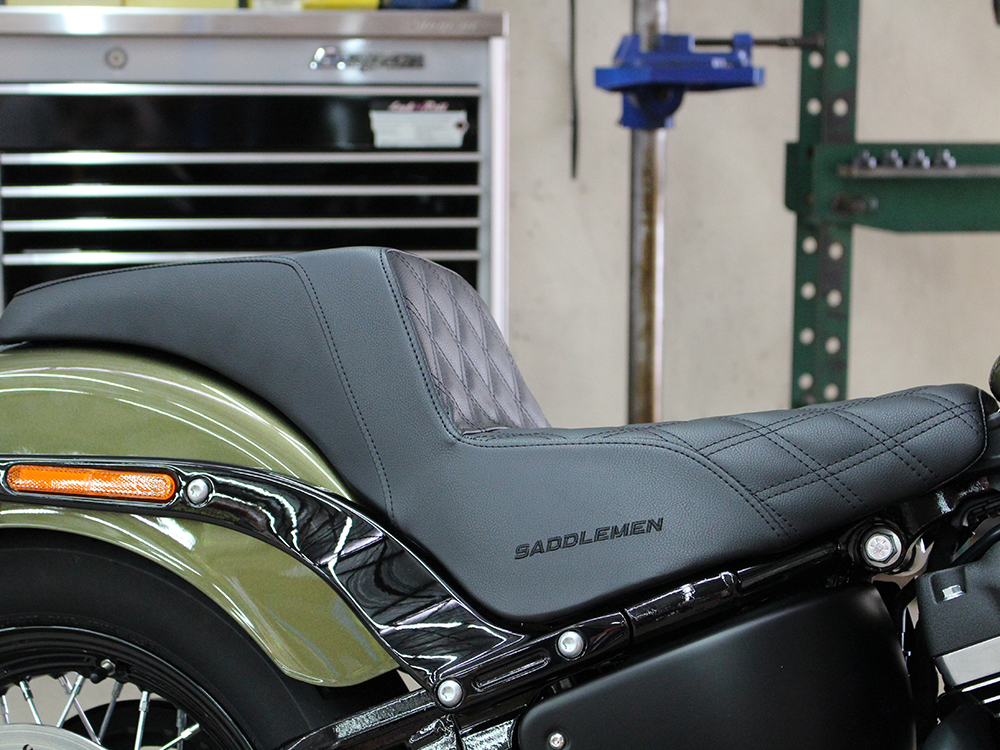 Step-Up LS Dual Seat with Black Double Diamond Lattice Stitch. Fits Softail Street Bob 2018up & Standard 2020up.