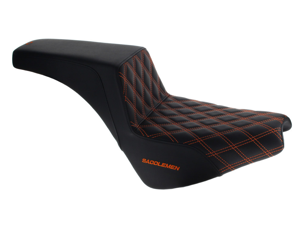 Step-Up LS Dual Seat with Orange Double Diamond Lattice Stitch. Fits Softail Street Bob 2018up & Standard 2020up.