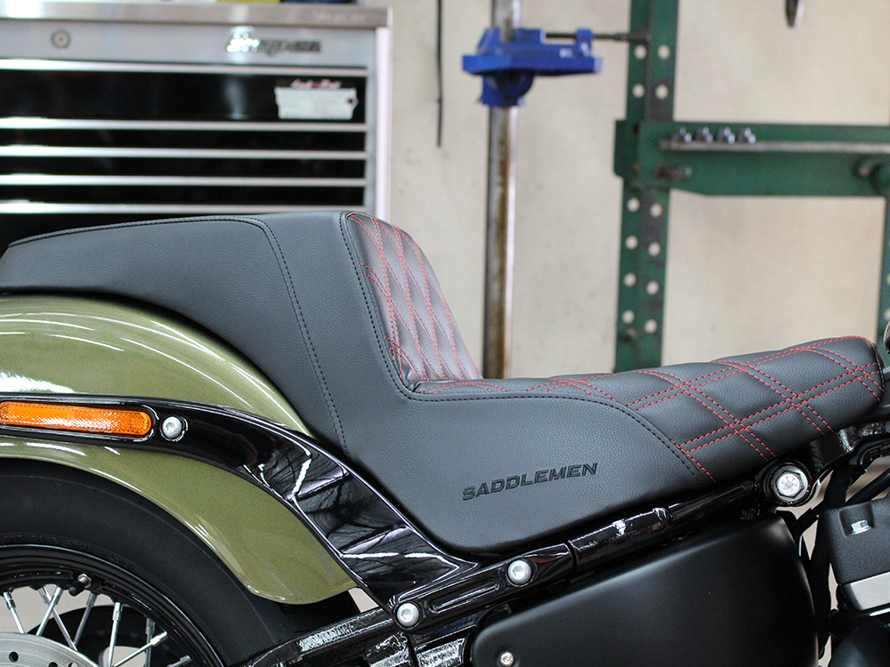 Step-Up LS Dual Seat with Red Double Diamond Lattice Stitch. Fits Softail Street Bob 2018up & Standard 2020up.