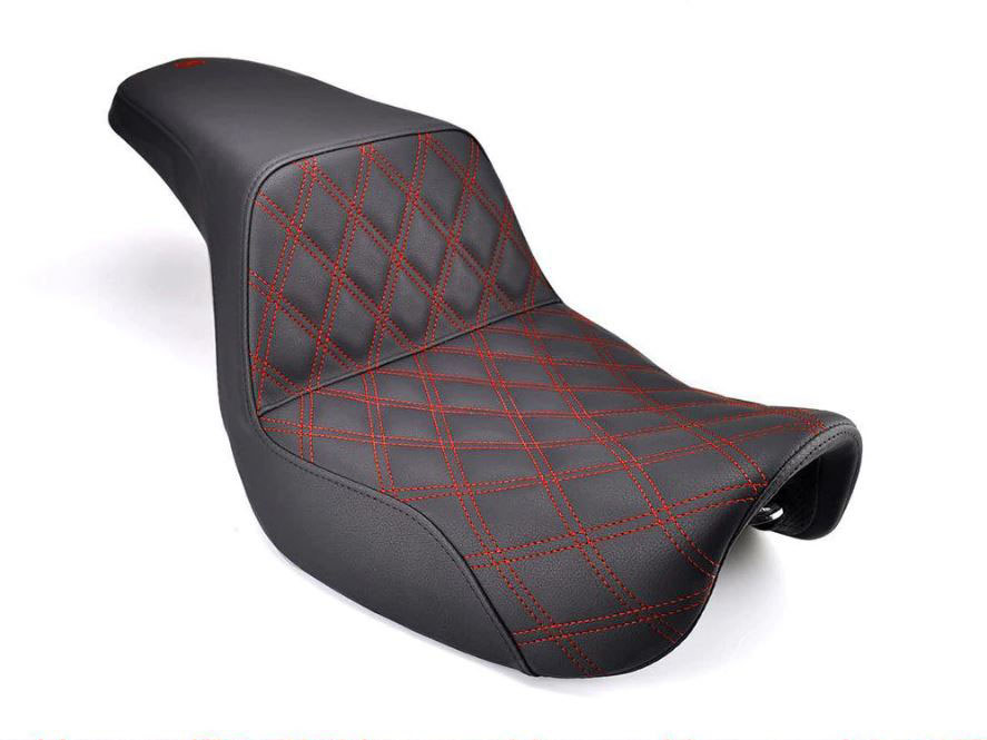 Step-Up LS Dual Seat with Red Double Diamond Lattice Stitch. Fits Softail Street Bob 2018up & Standard 2020up.